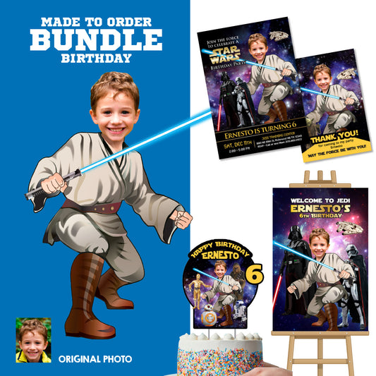 Custom Jedi Theme Party Bundle with Photo, Invitation, Thank you, Cake Topper, Welcome. 005B2