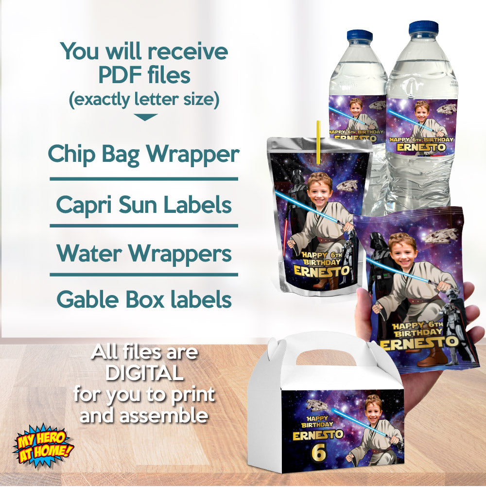 Bundle Custom Jedi snacks labels, water and juices wrappers, Chip bags, gable box. 005B3