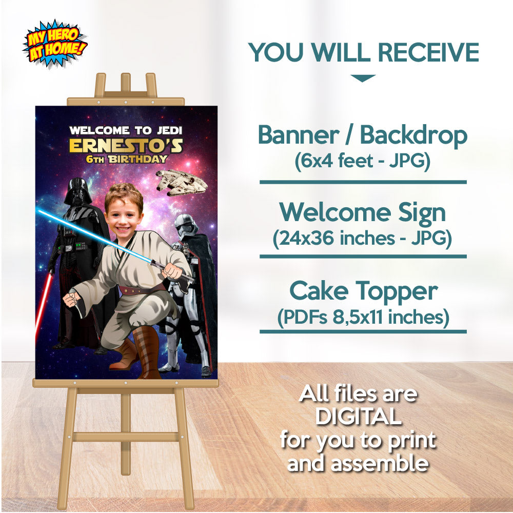 Personalized Star Wars Jedi Party matching items Bundle, Backdrop, Cake, Welcome Sign. 005B4