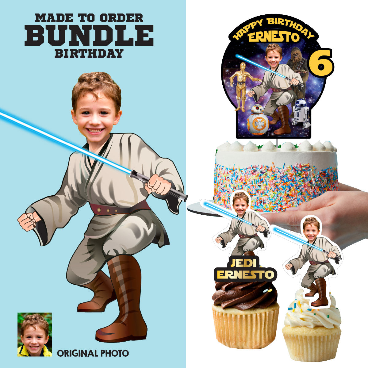 Jedi birthday Matching Cake and Cupcake Toppers Bundle with Kid as the star. 005B5