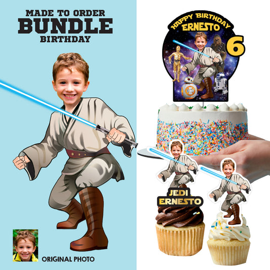 Jedi birthday Matching Cake and Cupcake Toppers Bundle with Kid as the star. 005B5