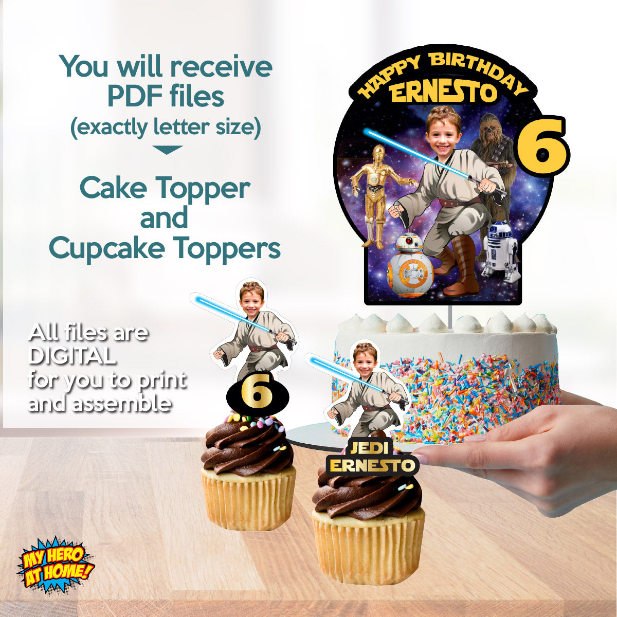 Jedi birthday Matching Cake and Cupcake Toppers Bundle with Kid as the star. 005B5