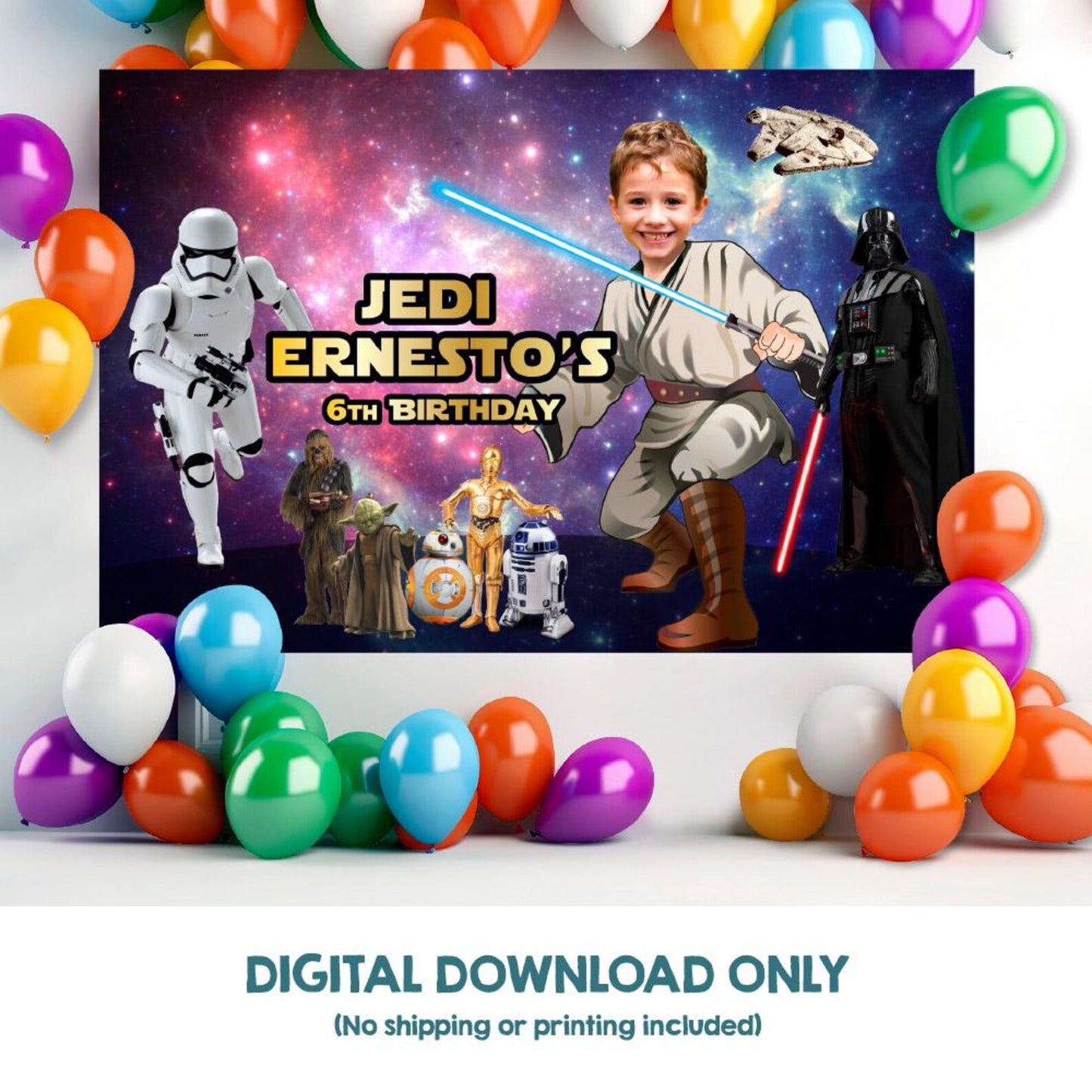 Custom Jedi Birthday Backdrop with Kid as the Star, May the force Party Backdrop. 005BB