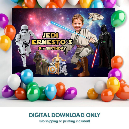 Custom Jedi Birthday Backdrop with Kid as the Star, May the force Party Backdrop. 005BB