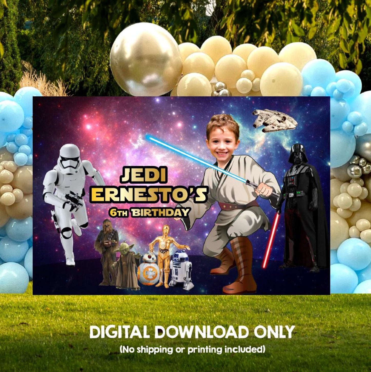 Custom Jedi Birthday Backdrop with Kid as the Star, May the force Party Backdrop. 005BB