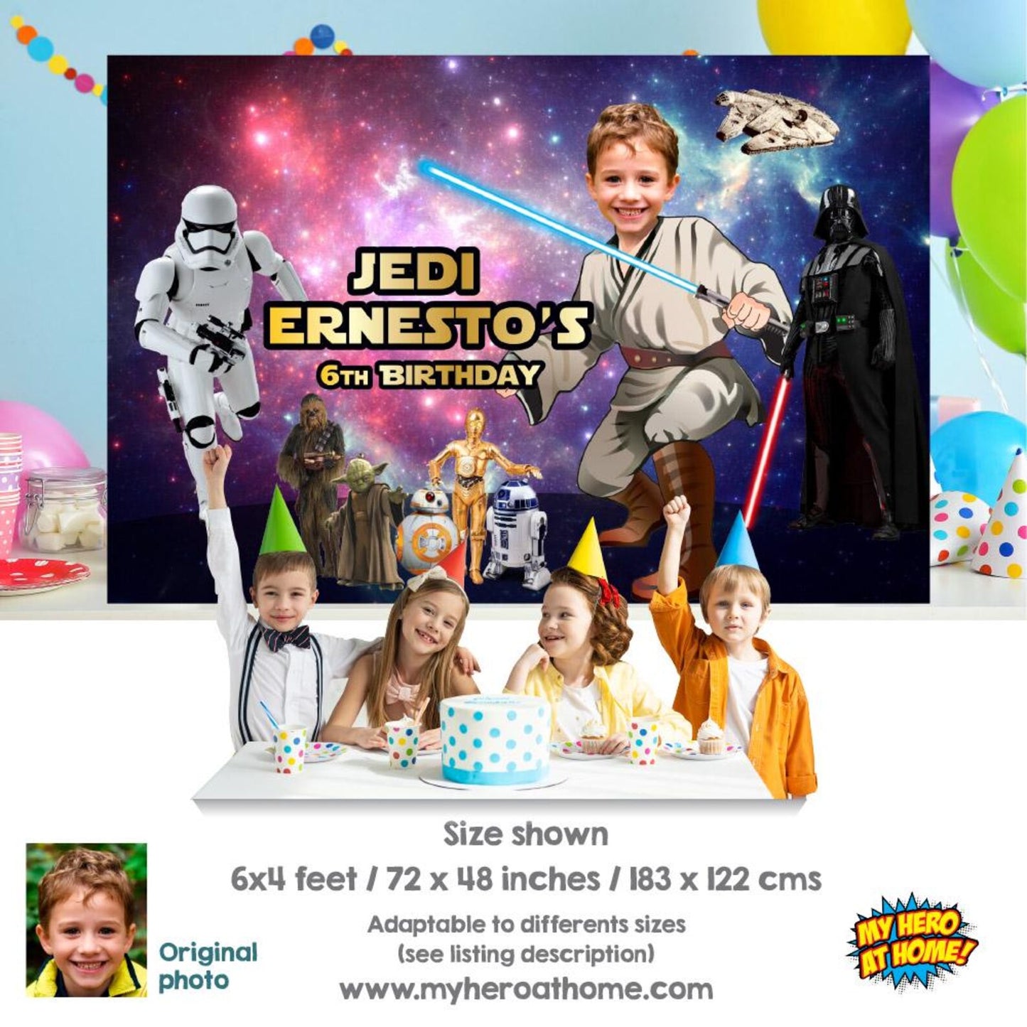 Custom Jedi Birthday Backdrop with Kid as the Star, May the force Party Backdrop. 005BB