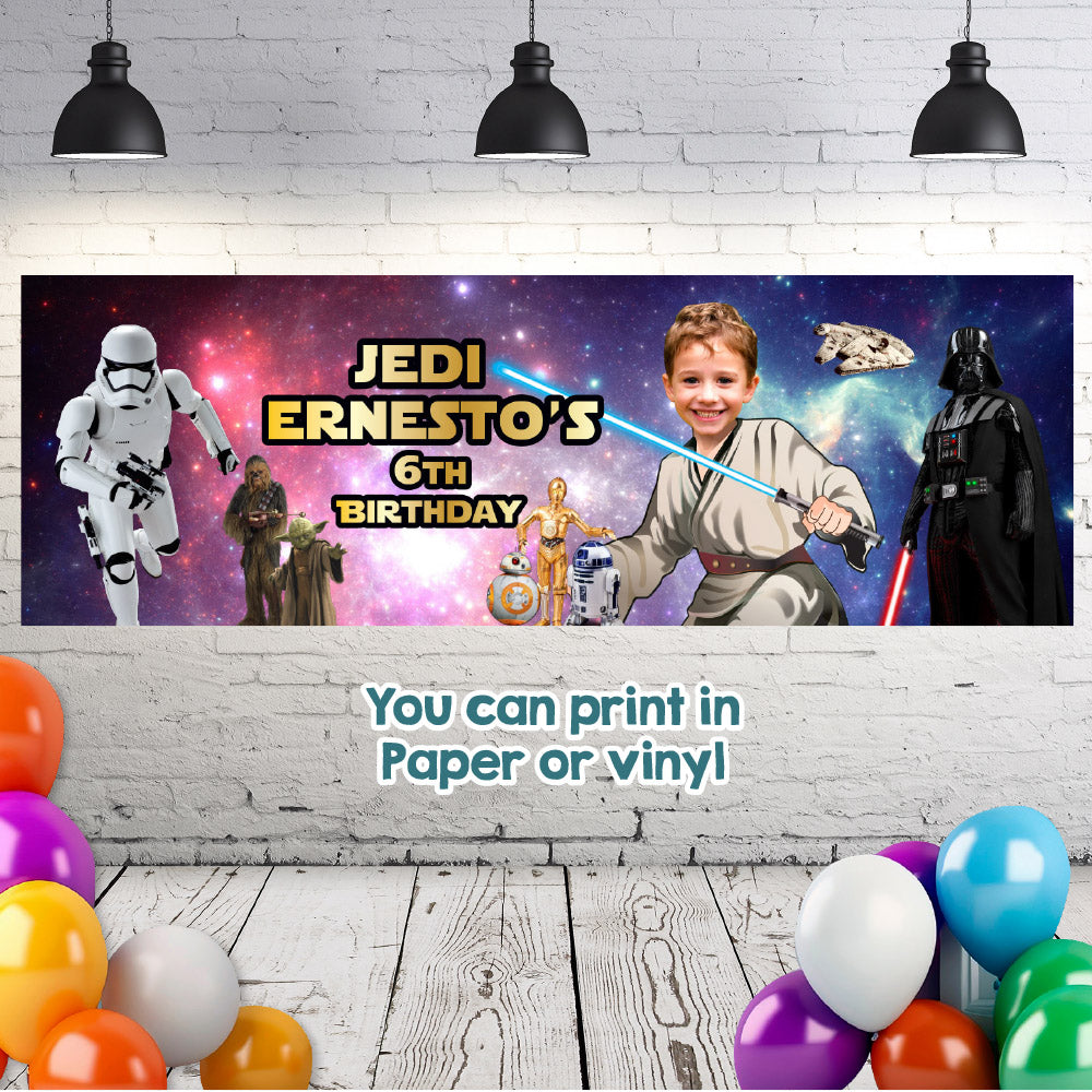 Personalized Star Wars Jedi Birthday Banner with kid as the star, Easy and Affordable to print. 005BBH