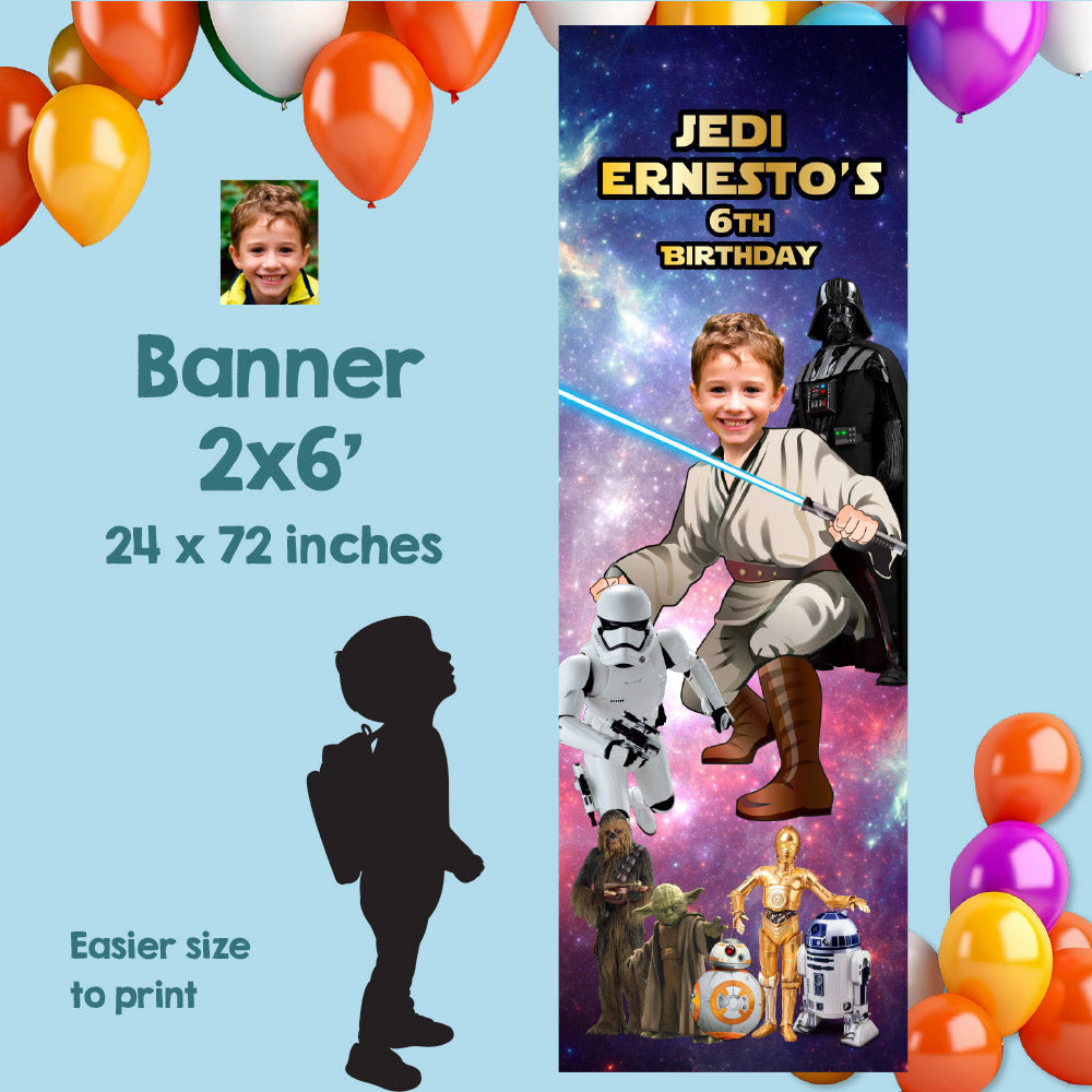 Custom Star Wars Jedi Birthday Banner with Kid as the Star, Portrait Orientation. 005BBV