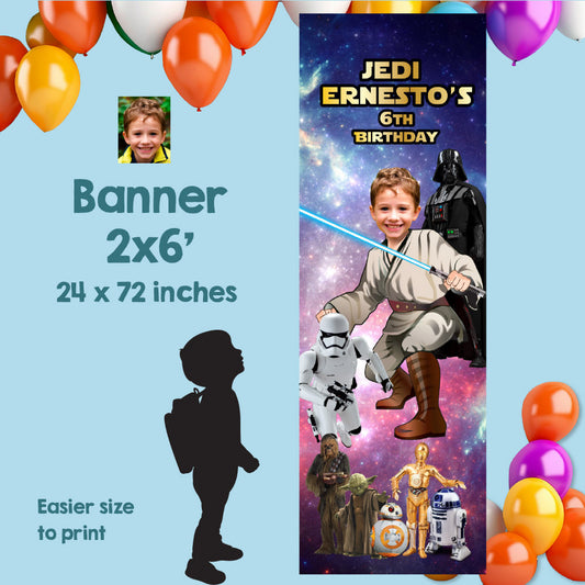 Custom Star Wars Jedi Birthday Banner with Kid as the Star, Portrait Orientation. 005BBV