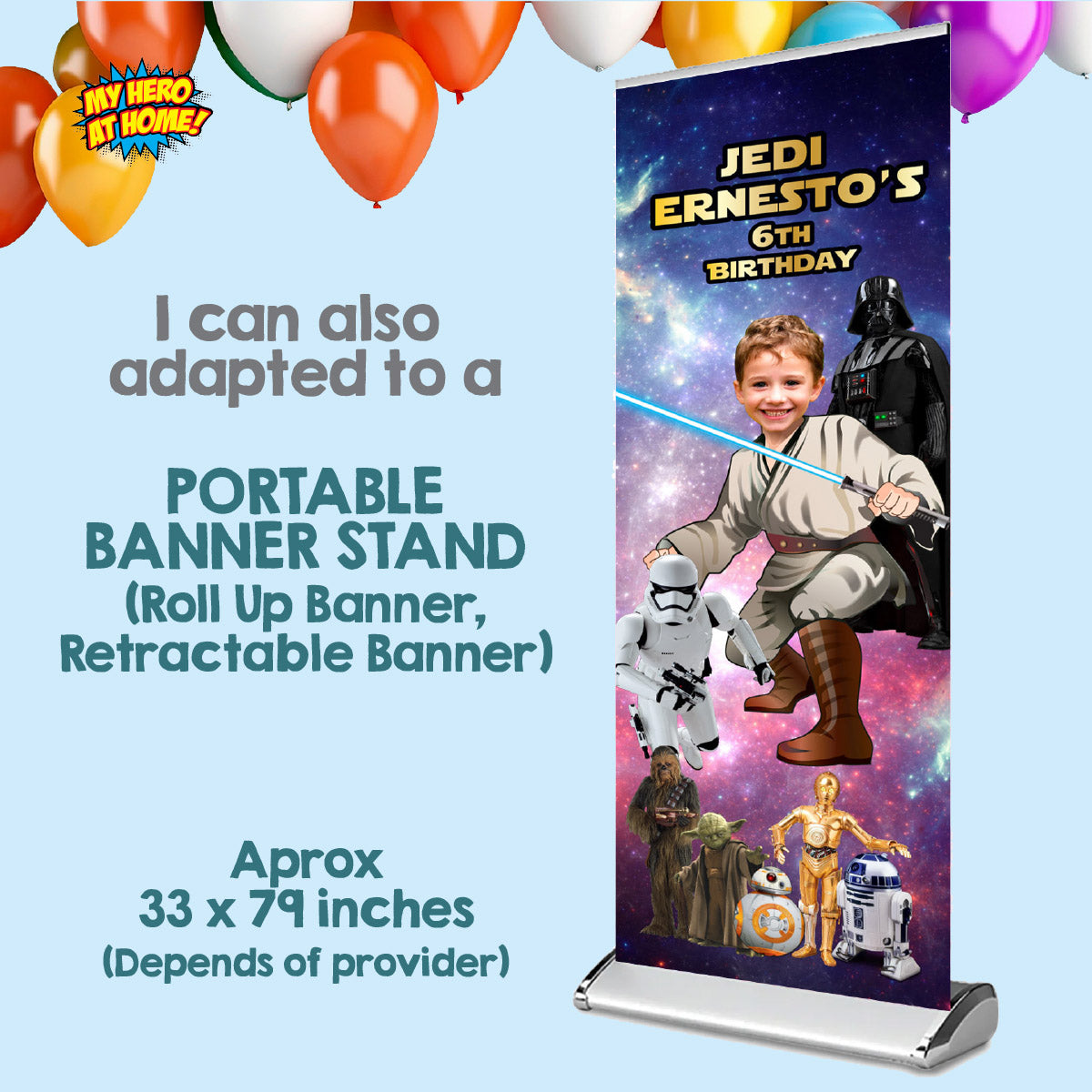 Custom Star Wars Jedi Birthday Banner with Kid as the Star, Portrait Orientation. 005BBV