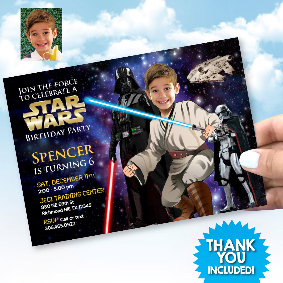 Personalized Star Wars Jedi Birthday Invitation featuring kid as the star, (Thank You Included). 005C