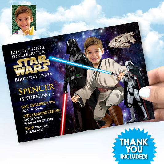 Personalized Star Wars Jedi Birthday Invitation featuring kid as the star, (Thank You Included). 005C