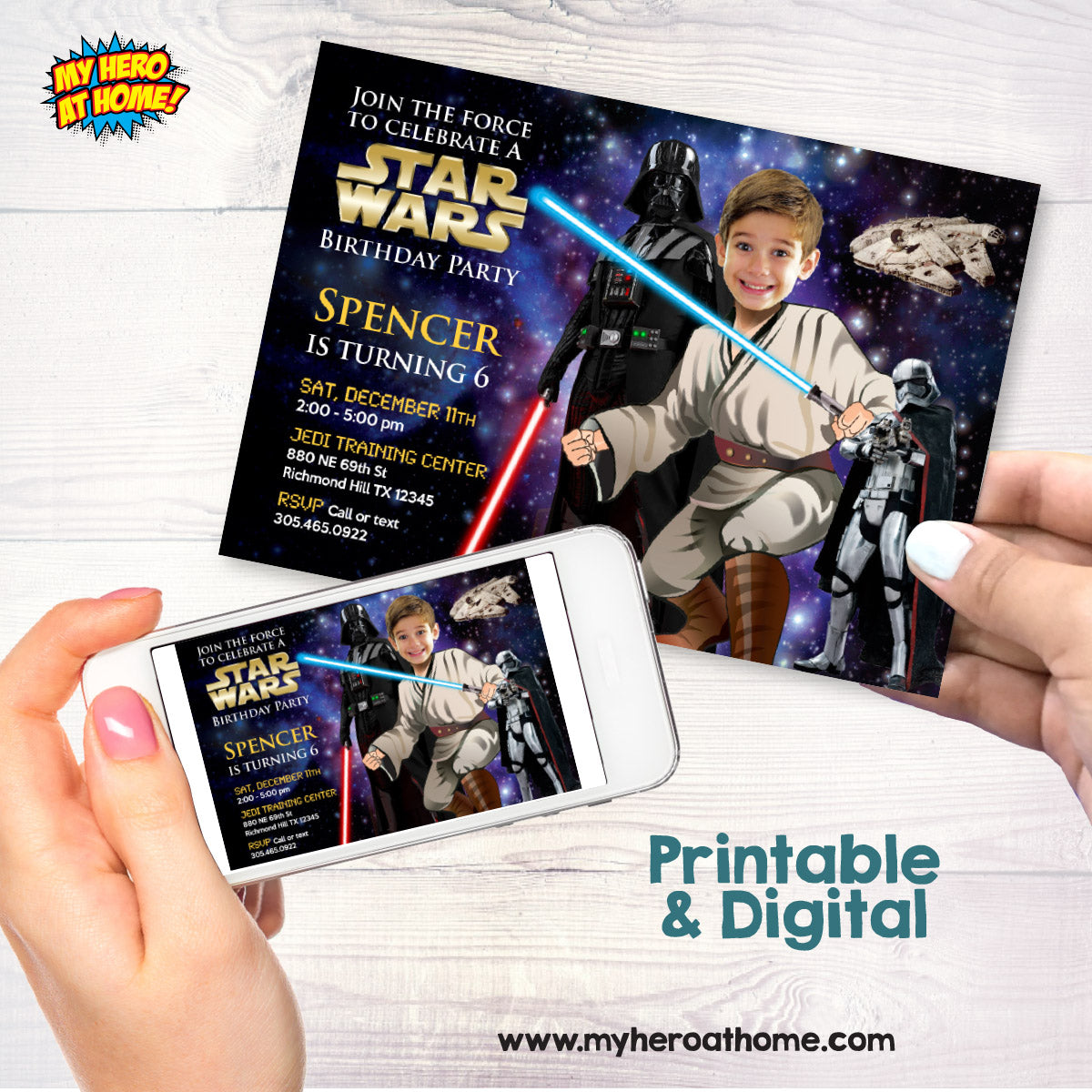 Personalized Star Wars Jedi Birthday Invitation featuring kid as the star, (Thank You Included). 005C