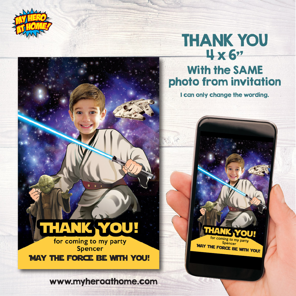 Personalized Star Wars Jedi Birthday Invitation featuring kid as the star, (Thank You Included). 005C