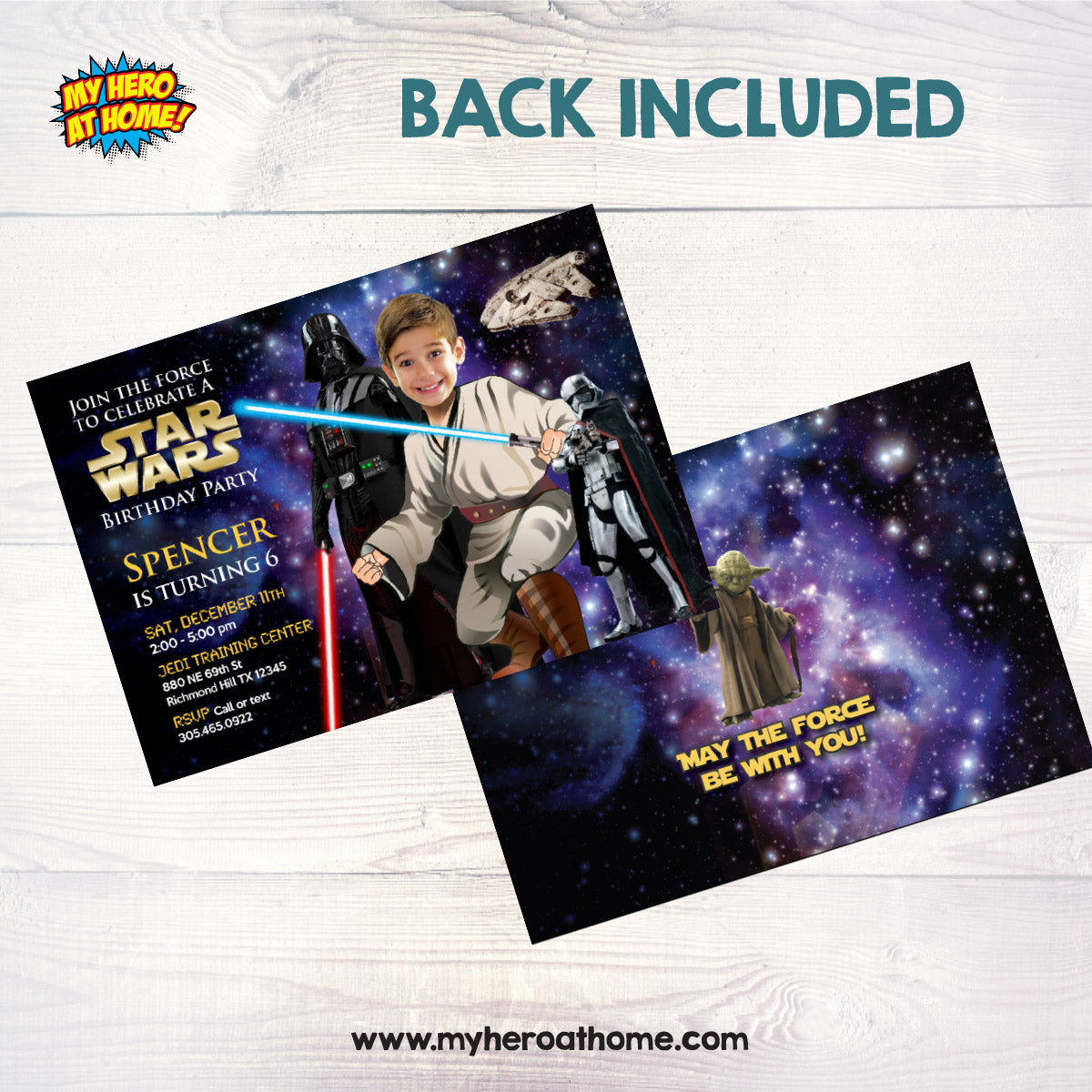 Personalized Star Wars Jedi Birthday Invitation featuring kid as the star, (Thank You Included). 005C