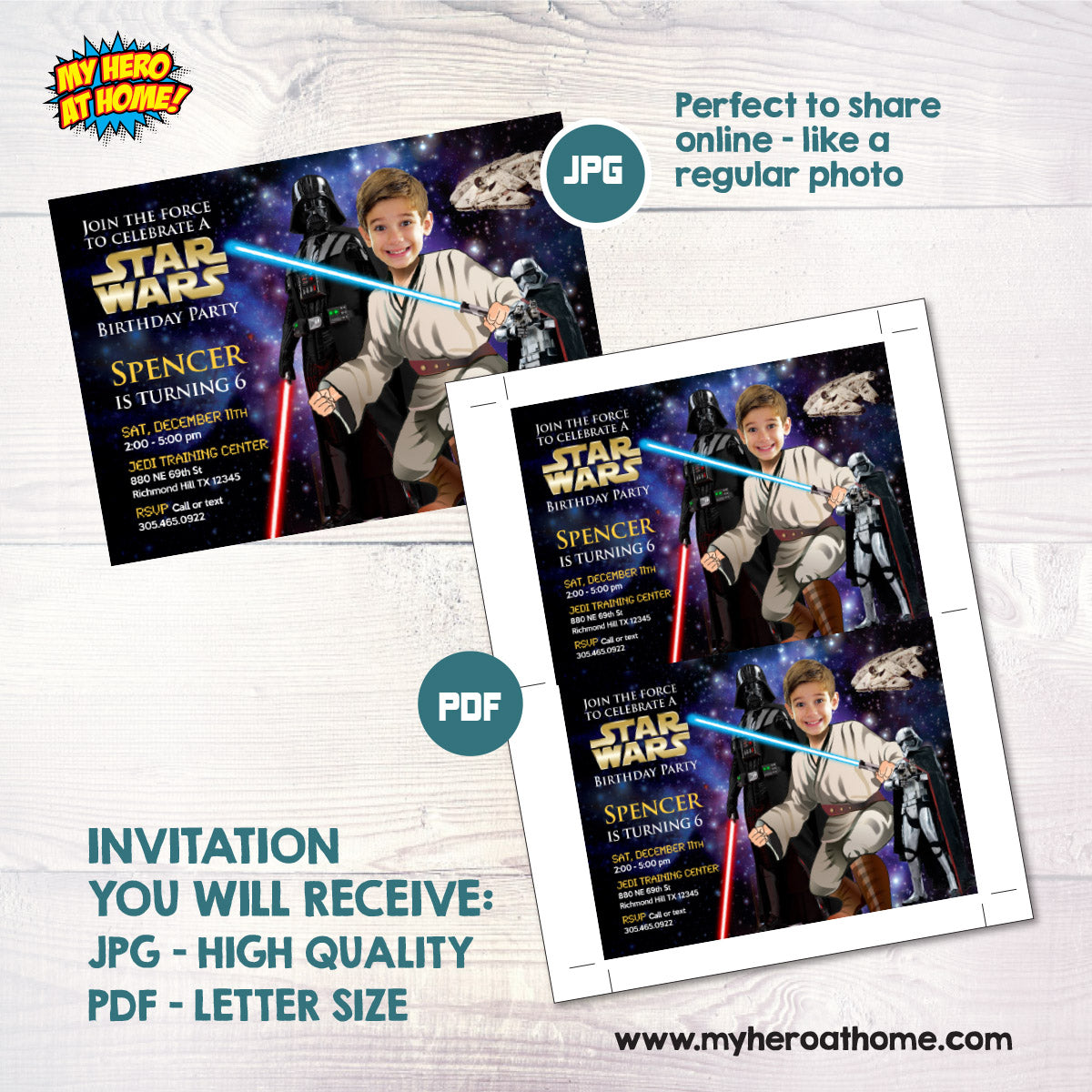 Personalized Star Wars Jedi Birthday Invitation featuring kid as the star, (Thank You Included). 005C
