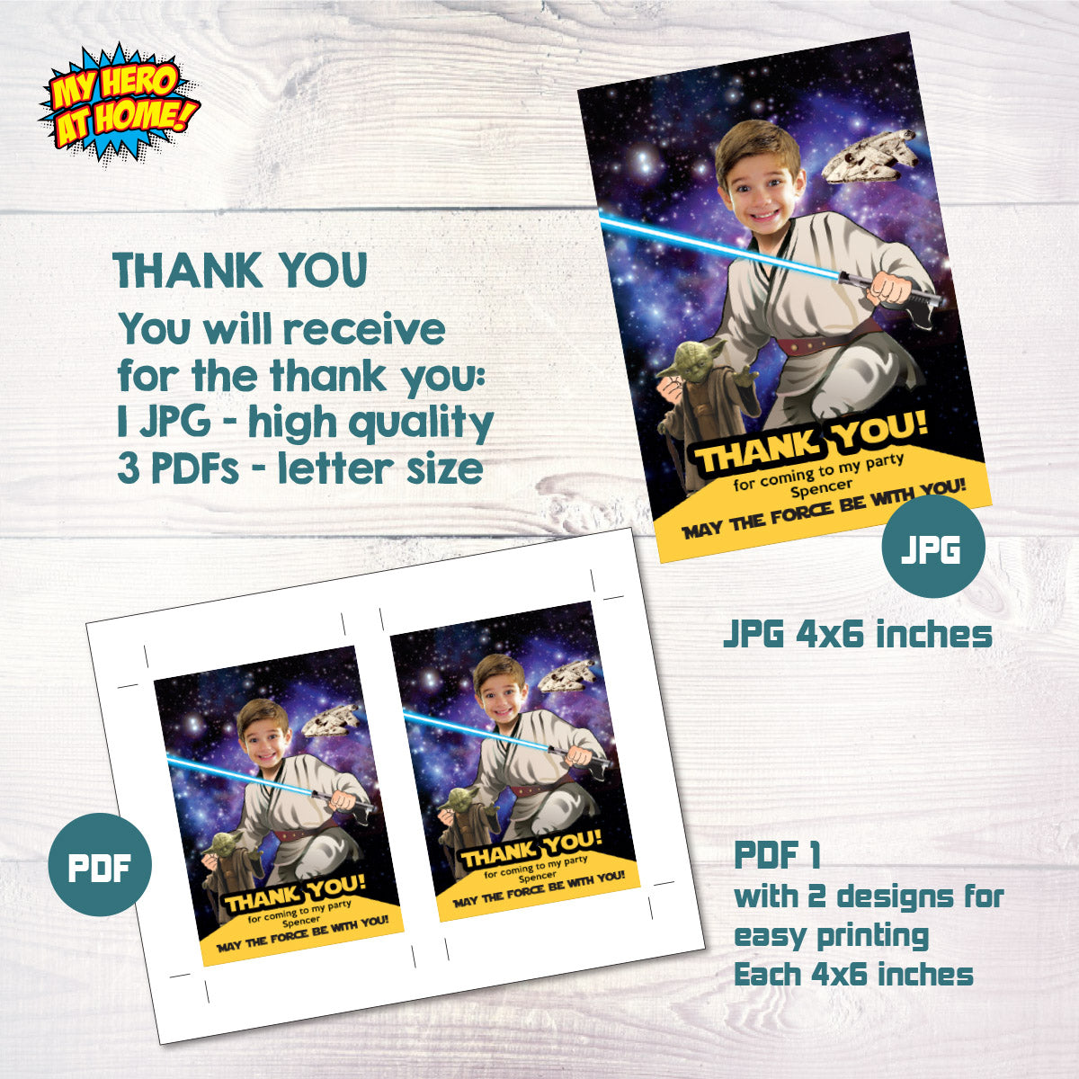 Personalized Star Wars Jedi Birthday Invitation featuring kid as the star, (Thank You Included). 005C