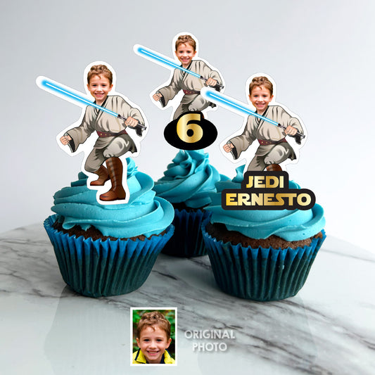 Personalized Jedi Cupcake Toppers with Photo, Star Wars Photo Cupcakes. 005CK