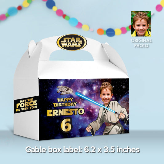 Personalized Jedi Gable Box label with photo, Star Wars Gift Box party favor. 005GB
