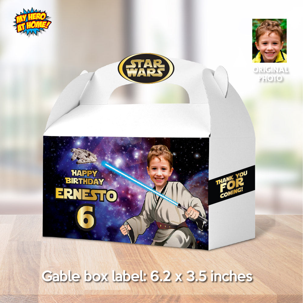 Personalized Jedi Gable Box label with photo, Star Wars Gift Box party favor. 005GB