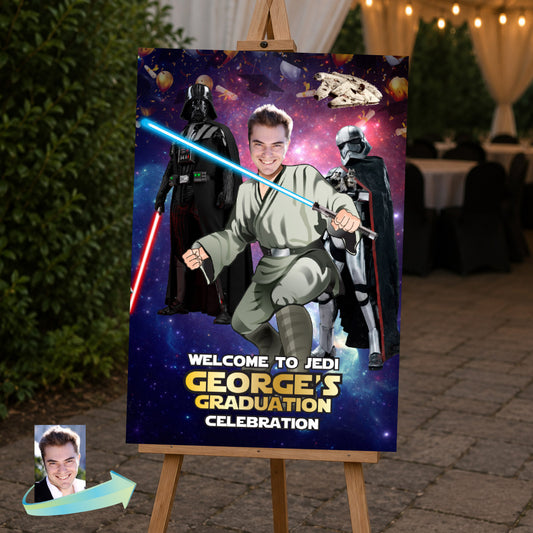 Personalized Star Wars Graduation Welcome Sign featuring graduate as a Jedi. 005GR1