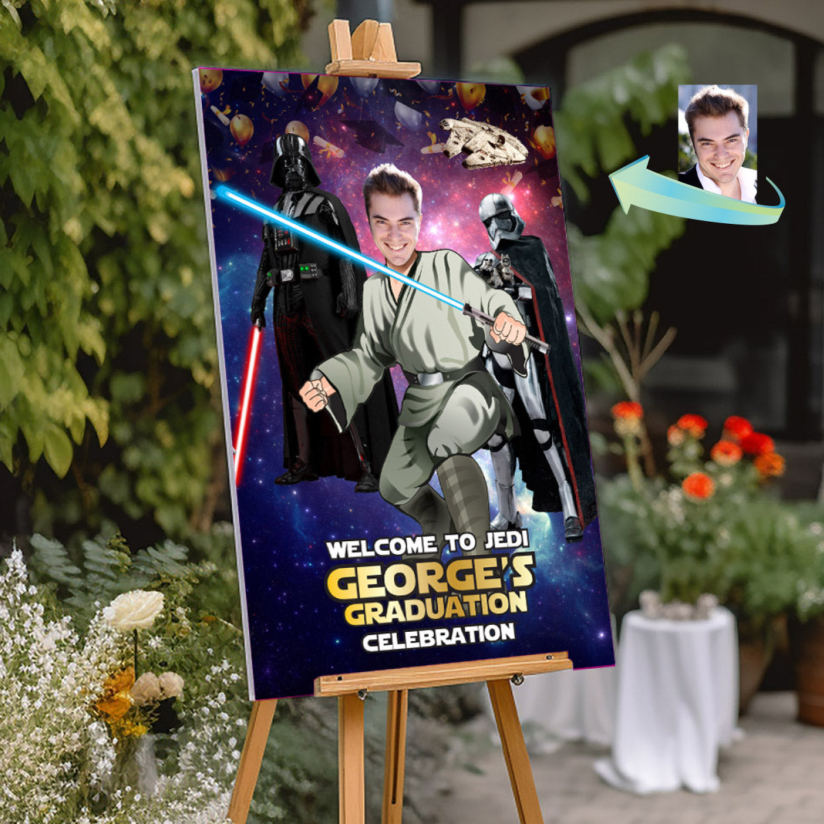 Personalized Star Wars Graduation Welcome Sign featuring graduate as a Jedi. 005GR1