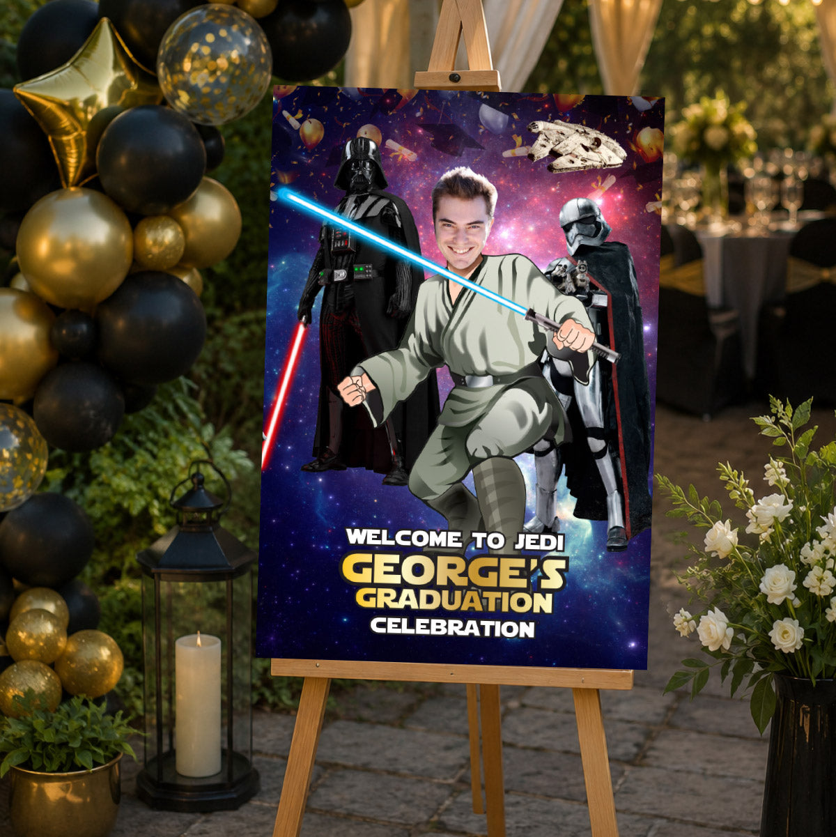 Personalized Star Wars Graduation Welcome Sign featuring graduate as a Jedi. 005GR1