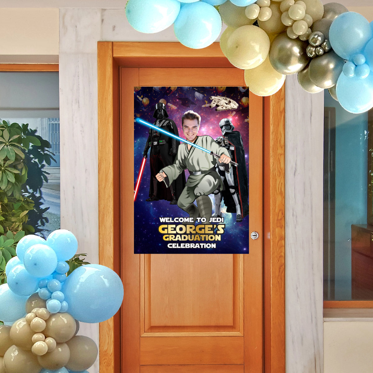 Personalized Star Wars Graduation Welcome Sign featuring graduate as a Jedi. 005GR1