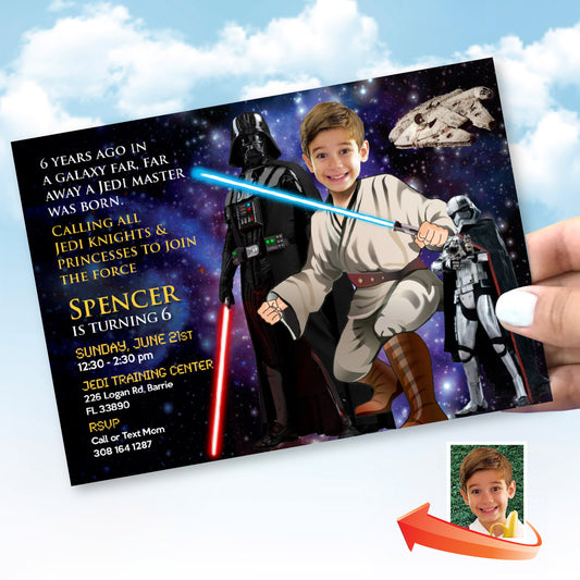 Custom In a Galaxy Far Away Star Wars party Invitation with kid as the Jedi. 005IND