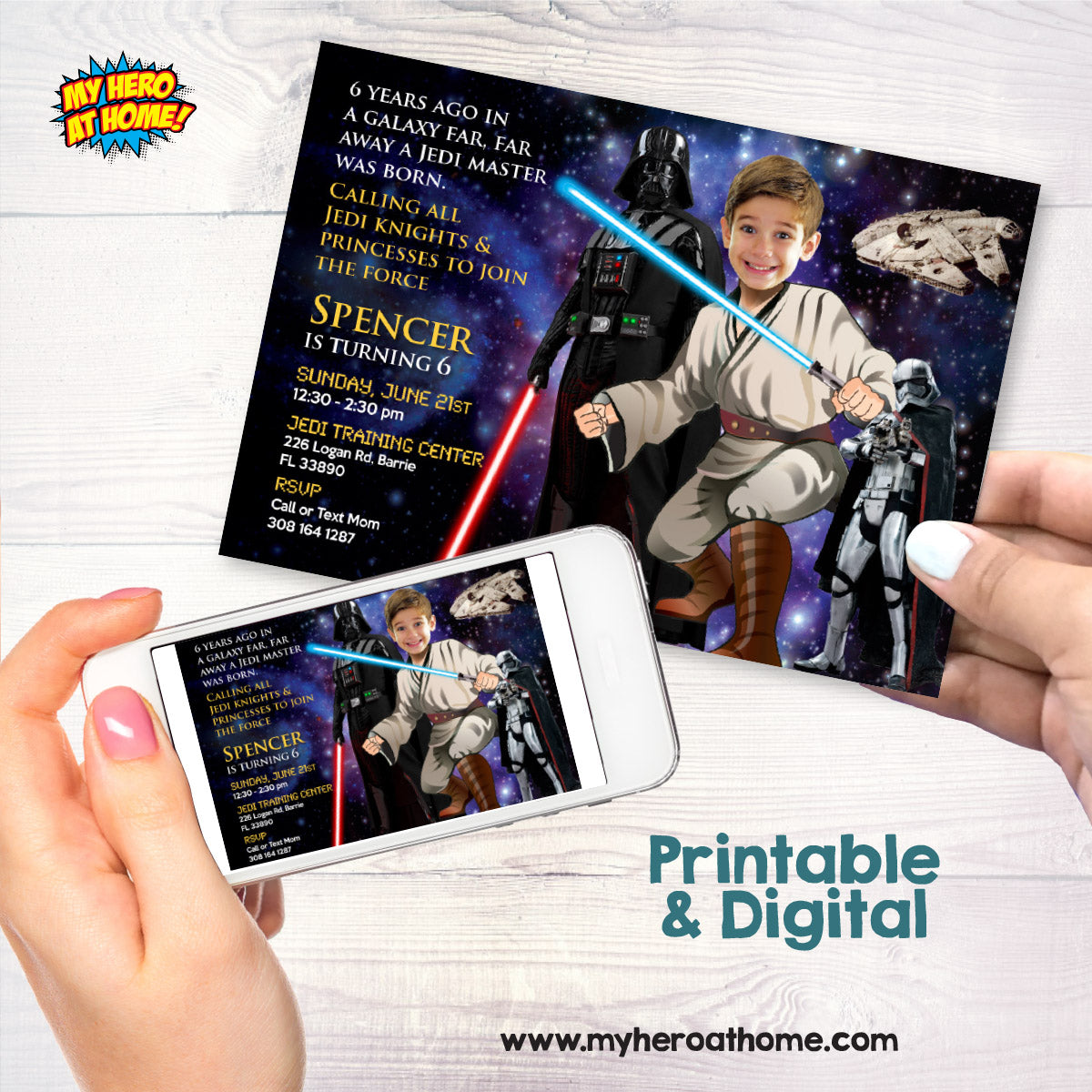 Custom In a Galaxy Far Away Star Wars party Invitation with kid as the Jedi. 005IND