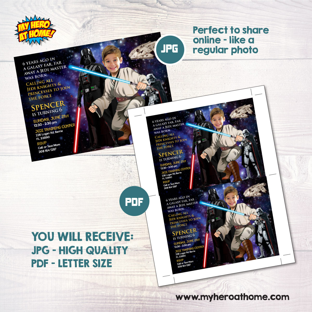 Custom In a Galaxy Far Away Star Wars party Invitation with kid as the Jedi. 005IND