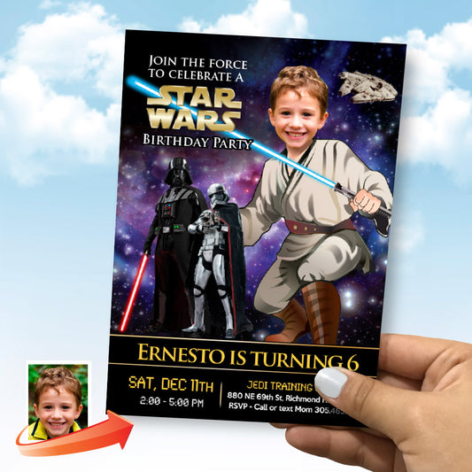 Custom Jedi Birthday Party Invitation with kid as the Padawan (Digital). 005INV