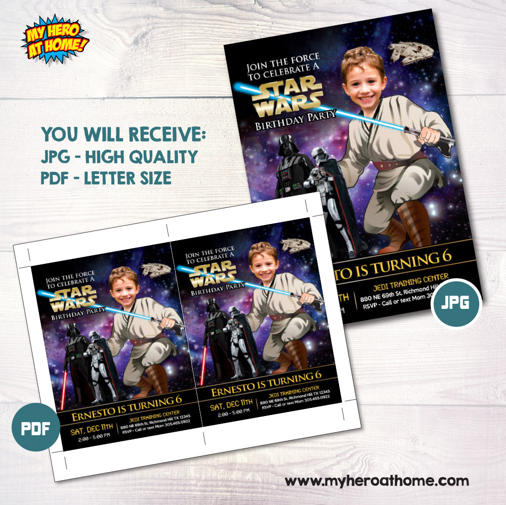 Custom Jedi Birthday Party Invitation with kid as the Padawan (Digital). 005INV