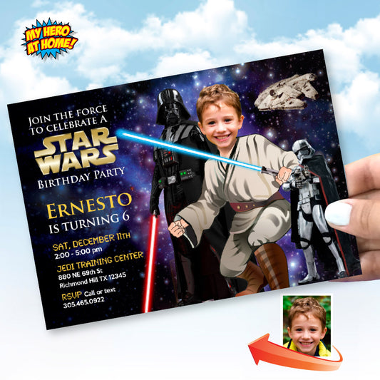 Star Wars Birthday Invitation with your kid as Obi-Wan, Jedi training party invitation. 005IN