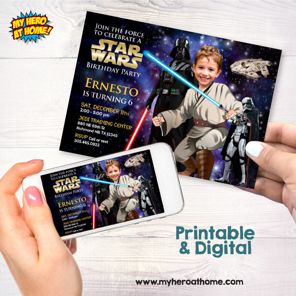 Star Wars Birthday Invitation with your kid as Obi-Wan, Jedi training party invitation. 005IN