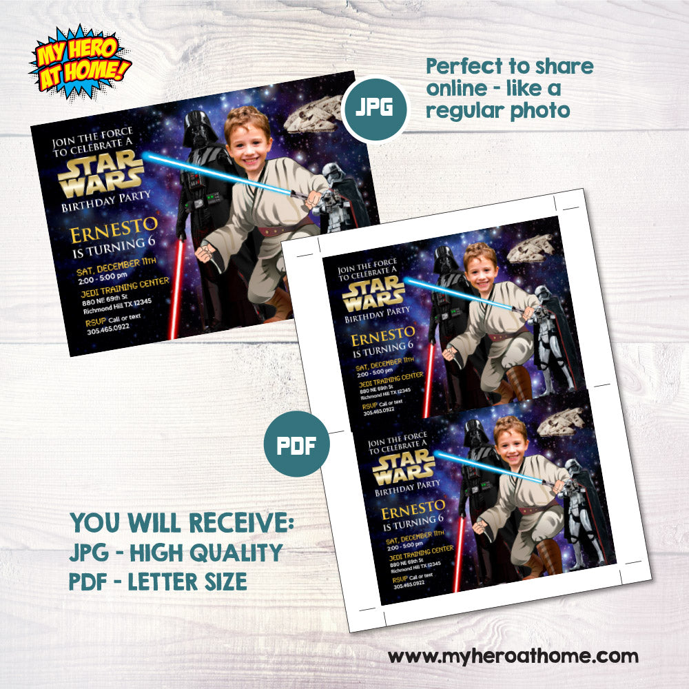 Star Wars Birthday Invitation with your kid as Obi-Wan, Jedi training party invitation. 005IN