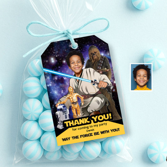 Personalized Jedi Thank You card and Favor Tags with birthday kid as the star. 005TY2