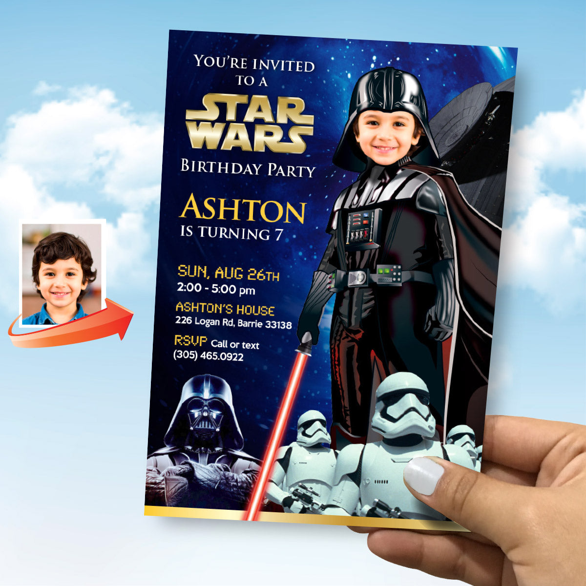 Custom Darth Vader Birthday Invitation with kid as the star, Dark Side Digital Invite. 022IN