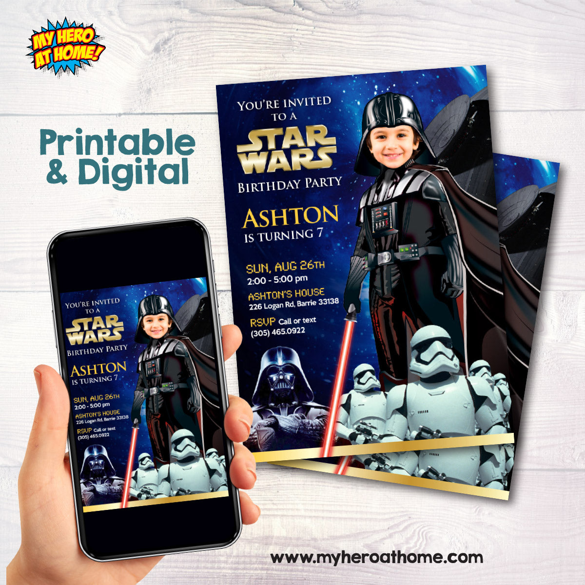 Custom Darth Vader Birthday Invitation with kid as the star, Dark Side Digital Invite. 022IN