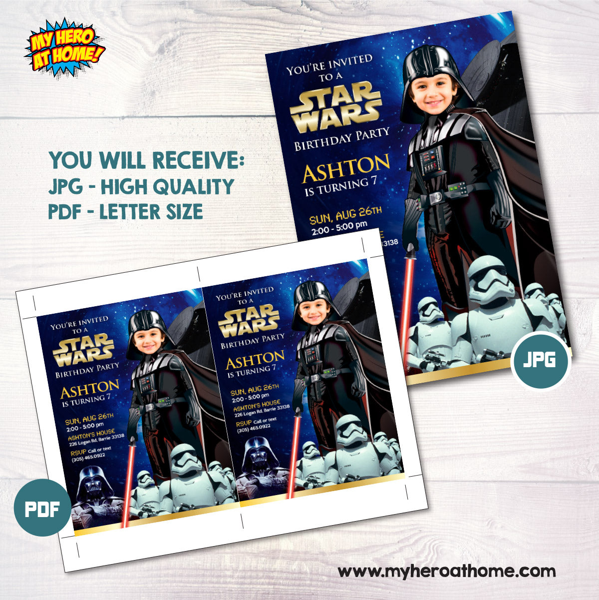 Custom Darth Vader Birthday Invitation with kid as the star, Dark Side Digital Invite. 022IN