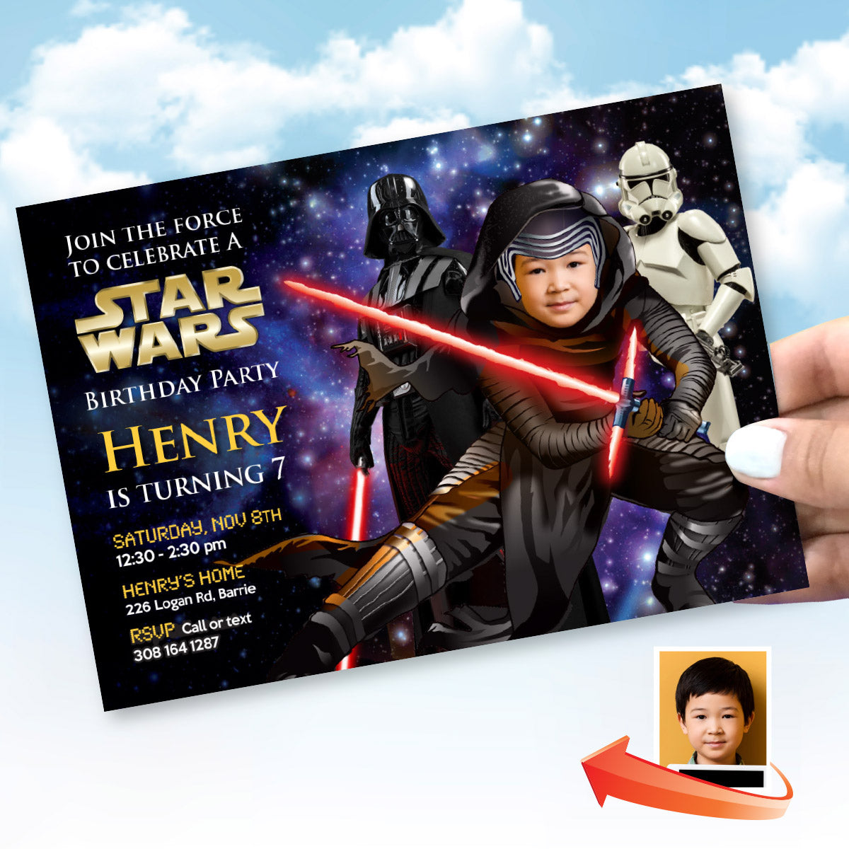 Personalized Dark Side Kylo Ren Party Invitation Featuring Birthday Kid as the Star. 011IN