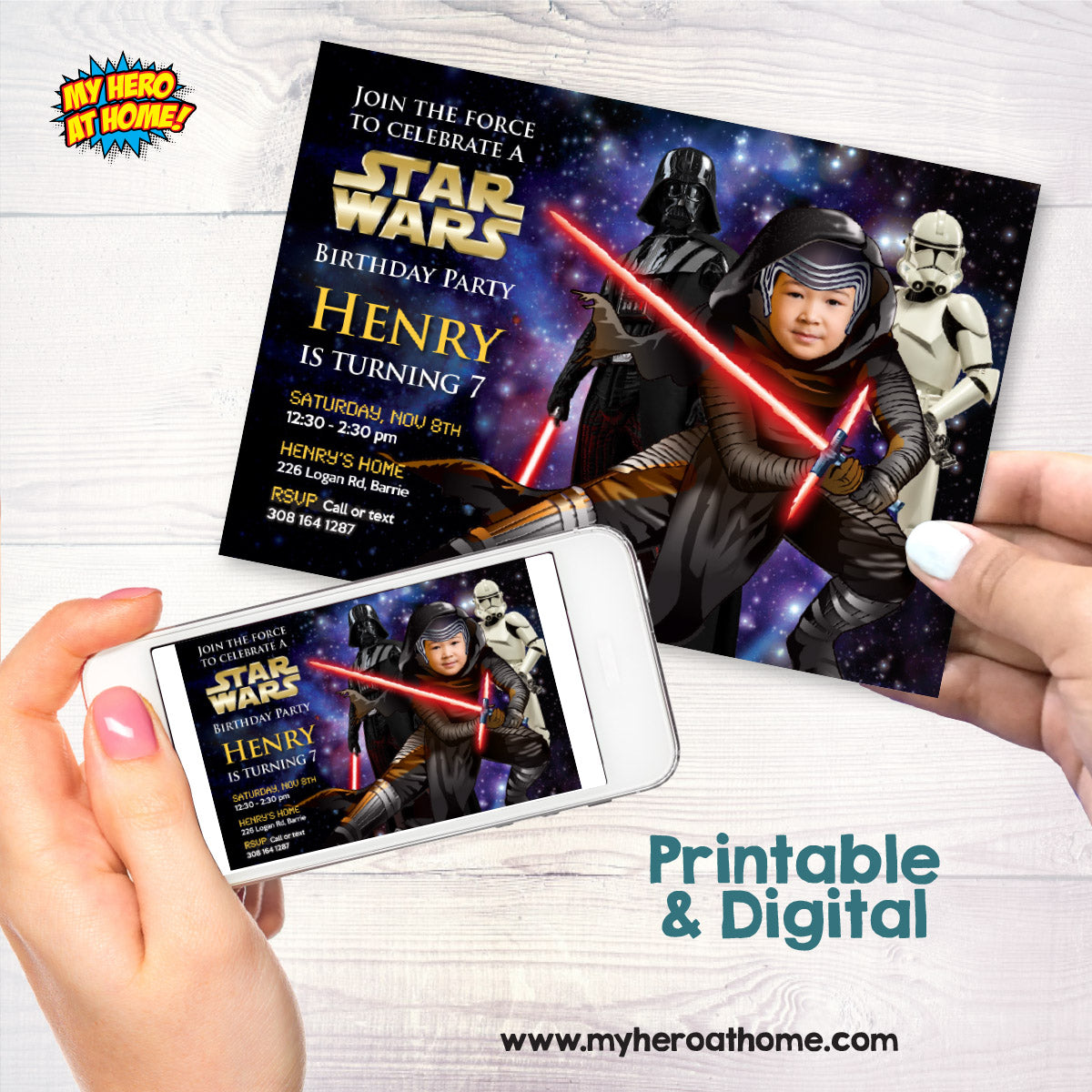 Personalized Dark Side Kylo Ren Party Invitation Featuring Birthday Kid as the Star. 011IN