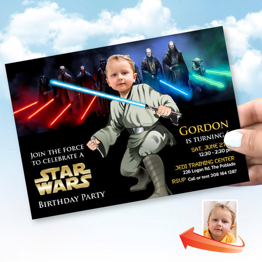 Personalized Jedi Birthday Invitation with kid as the star, Custom Star Wars Theme. 013IN