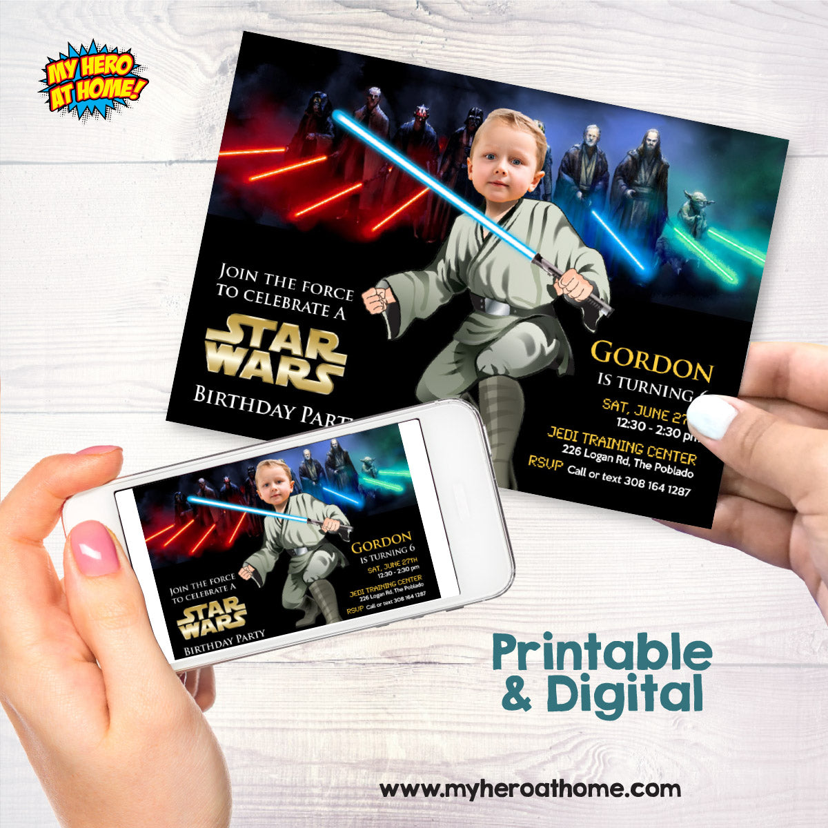 Personalized Jedi Birthday Invitation with kid as the star, Custom Star Wars Theme. 013IN