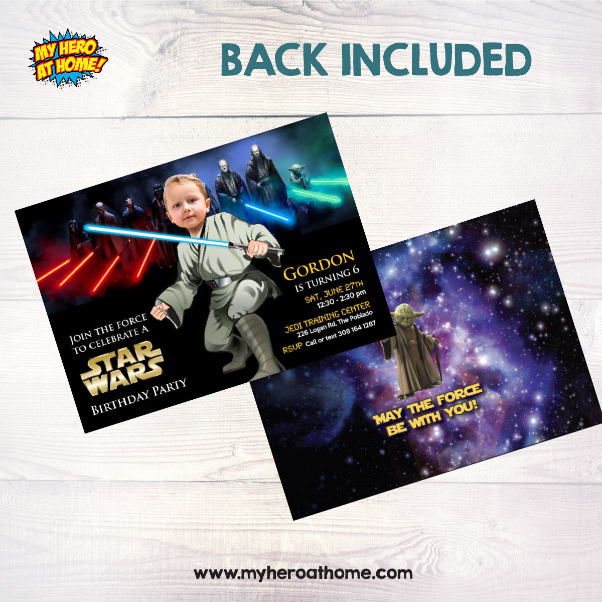 Personalized Jedi Birthday Invitation with kid as the star, Custom Star Wars Theme. 013IN