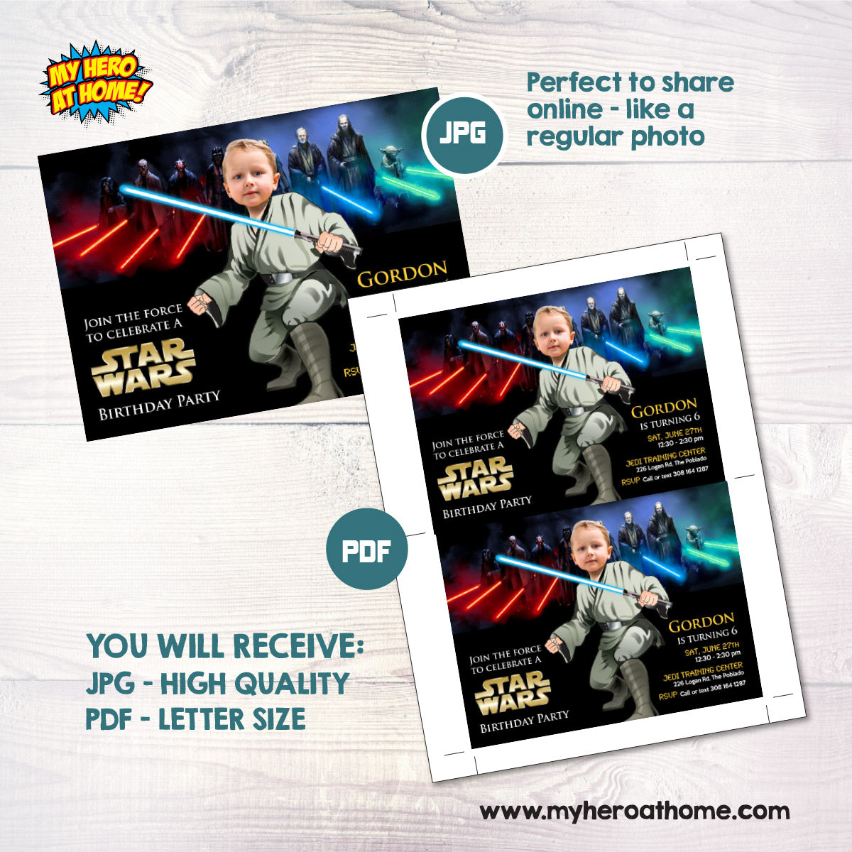 Personalized Jedi Birthday Invitation with kid as the star, Custom Star Wars Theme. 013IN