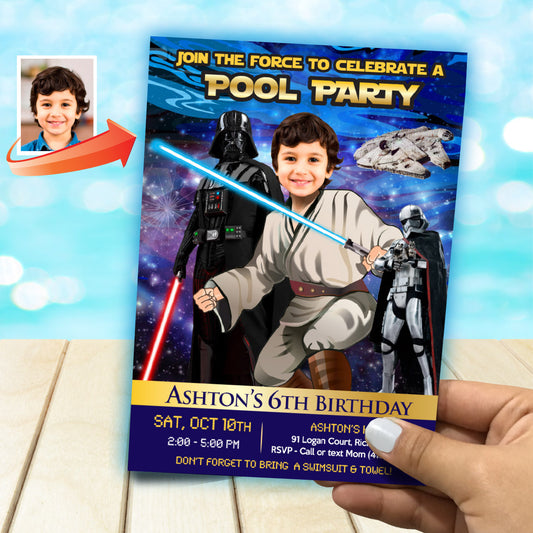 Personalized Star Wars Jedi Pool Party Invitation with Birthday Kid as the jedi. 016