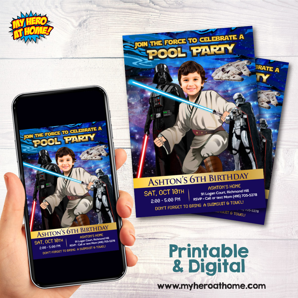 Personalized Star Wars Jedi Pool Party Invitation with Birthday Kid as the jedi. 016