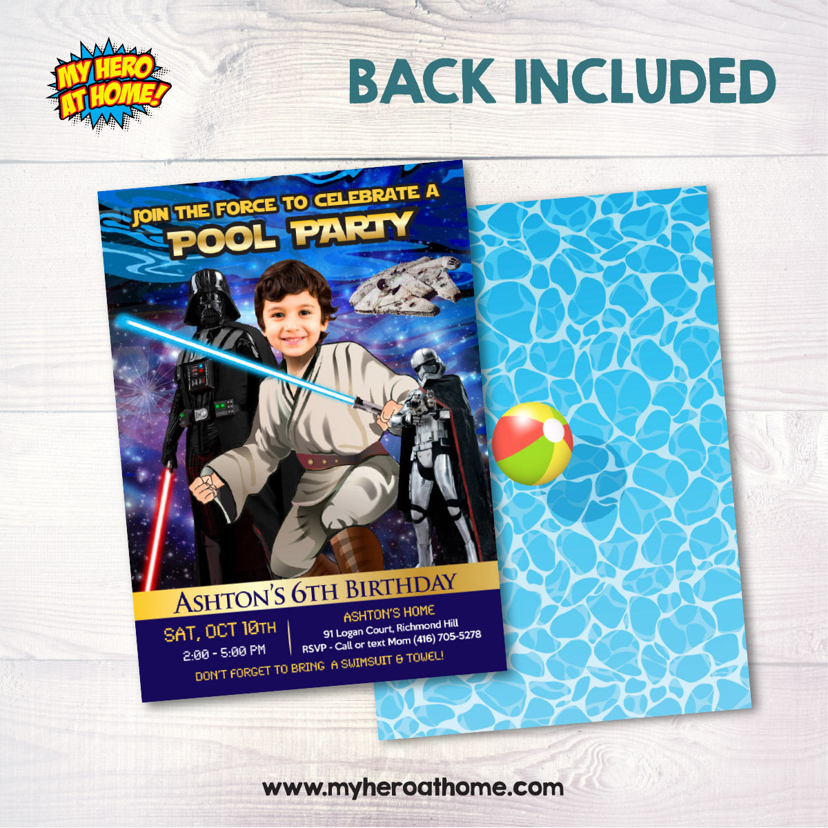 Personalized Star Wars Jedi Pool Party Invitation with Birthday Kid as the jedi. 016
