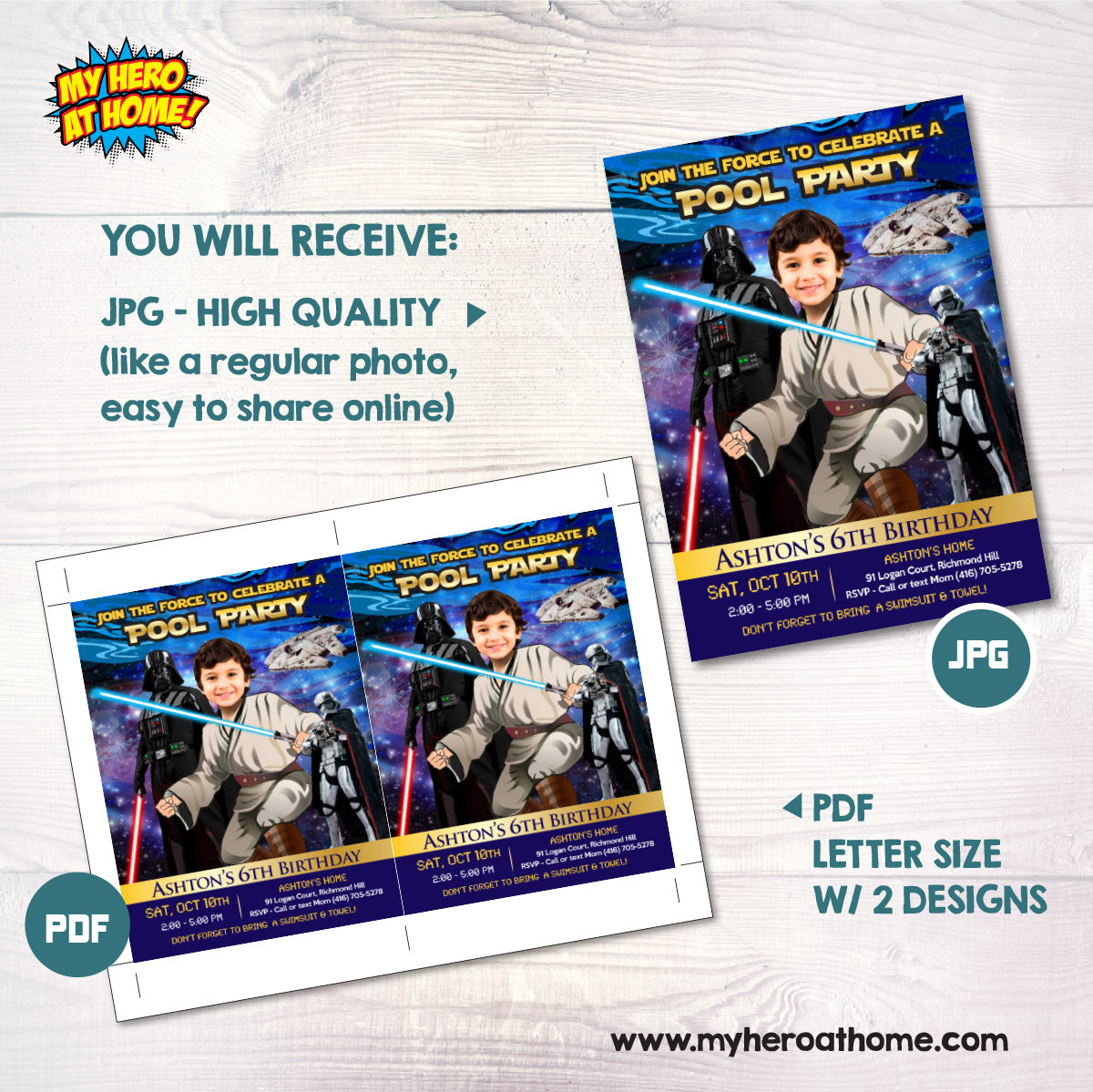 Personalized Star Wars Jedi Pool Party Invitation with Birthday Kid as the jedi. 016